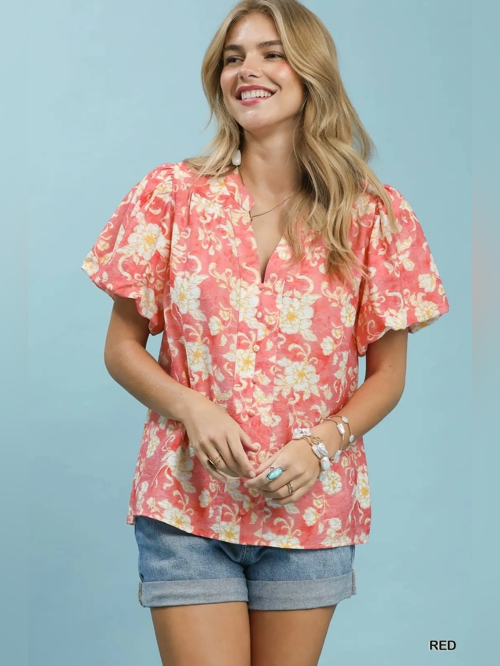 Umgee Floral Button-Front Short Sleeve Shirt